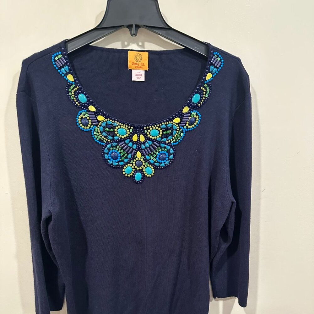 Ruby Rd. Navy Blue Sweater Knit Top  Size 2X